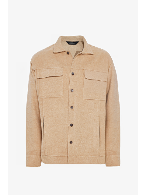 TUDORS Erkek Relax Fit Rahat Kesim Cepli Düz Apaş Yaka Kahverengi Mont Gömlek - S000336543-19413