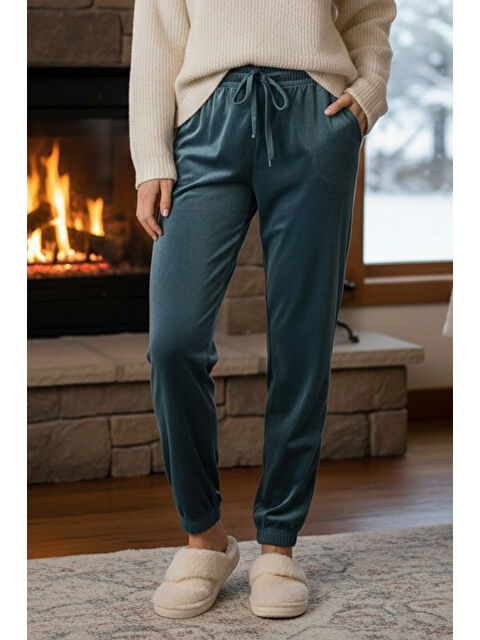 Remsa Kadın Paçası Lastikli Cep Detaylı Kadife Kumaş Tek Alt 503 Petrol - S000475095-20019