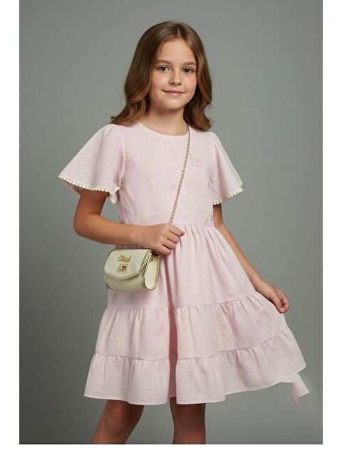 Pina Kids Kız Çocuk Çiçek İşlemeli Çantalı Kısa Kollu Elbise - S000510507-20024