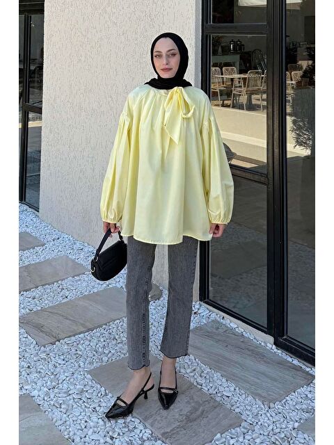 Lamelif Yaka Fular Detaylı Gömlek Sarı