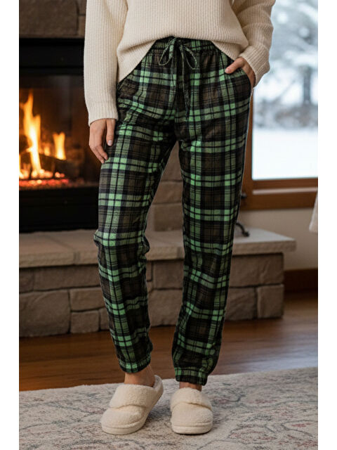 Remsa Kadın Ekose Desen Paçası Lastikli Cep Detaylı Kadife Kumaş Tek Alt 505 Yeşil - S000494449-18194