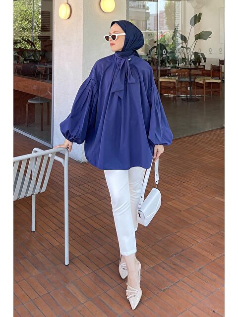 Lamelif Yaka Fular Detaylı Gömlek Lacivert - S000522619-21164