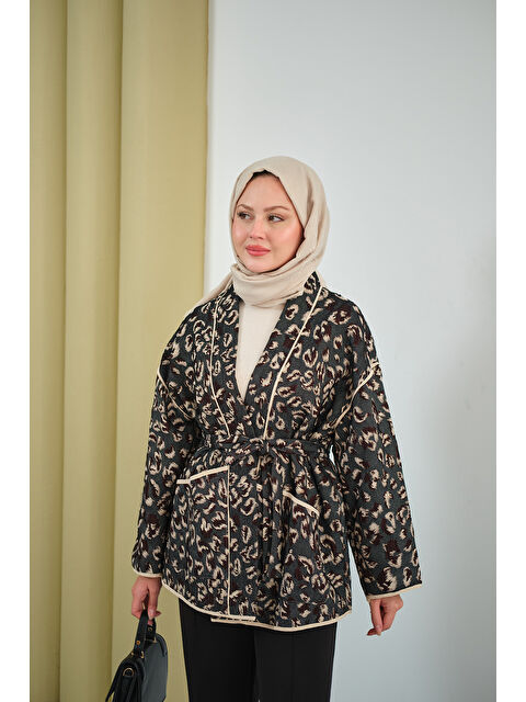 Locco Moda Kadın Yaprak Desen Şal Yaka Biyeli Ceket Füme - S000492456-33408