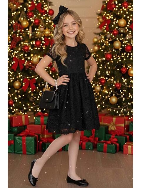 Riccotarz Kız Çocuk Üzeri Dantel İşlemeli İçi Astarlı Simli Siyah Abiye - S000488455-19351