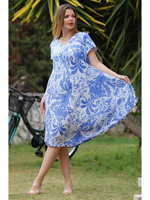 Chiccy Mavi V Yaka Düşük Kol Oval Etekli Allover Baskılı Dokuma Casual Elbise - S000359005-17234