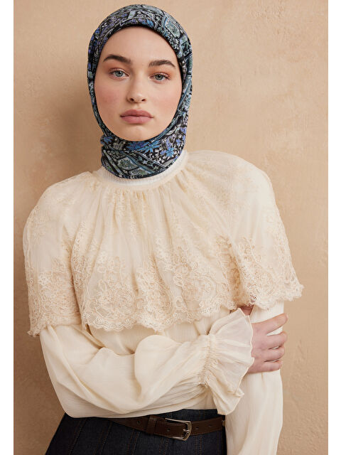 Fresh Scarfs Nordıc Paısley Desen Pamuk İpek Eşarp İndigo - S000423239-23093