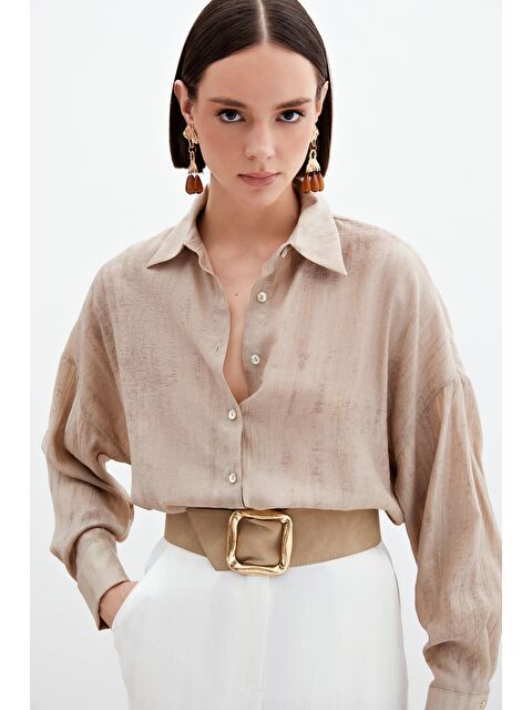 SATEEN Desenli İnce Salaş Gömlek - Bej - S000384539-19928