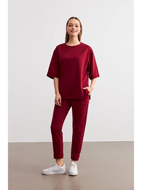 Trendseninle Kadın Bordo Bisiklet Yaka Duble Kol ve Paça Alt Üst Takım - S000372412-19951