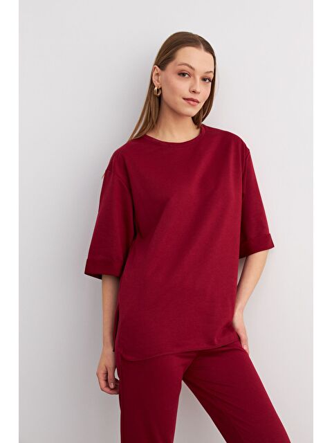 Trendseninle Kadın Bordo Bisiklet Yaka Duble Kol ve Paça Alt Üst Takım - S000372412-19951