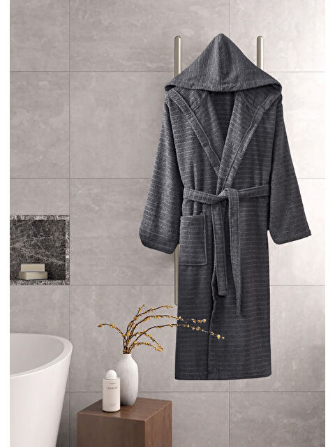 UPSTYLE Yüksek Kalite Kapüşonlu Bornoz Antrasit %100 Pamuklu