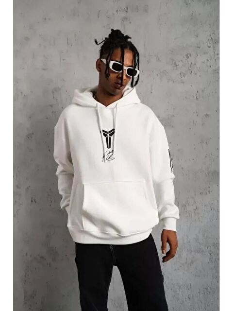 Jane's Unisex Sırt Baskılı Kapüşonlu Üç İplik Oversize Sweatshirt - Beyaz