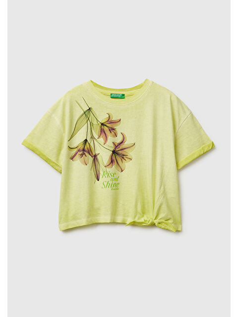 United Colors Of Benetton Kız Çocuk Sarı Etek Ucu Düğümlü Baskılı Boxy Fit Kısa Kollu T-Shirt