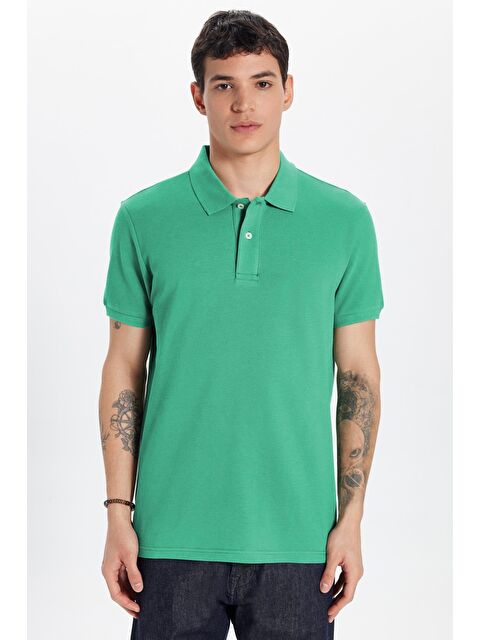 TUDORS Erkek Slim Fit Dar Kesim %100 Pamuk Yeşil Polo Yaka Tişört