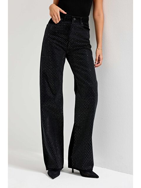 It's Basic Kadın Siyah Renk T3-1s5-1 Straight Fit Yüksek Bel Işıltılı Parlak Taşlı Tasarım Denim Jean - S000485978-37498
