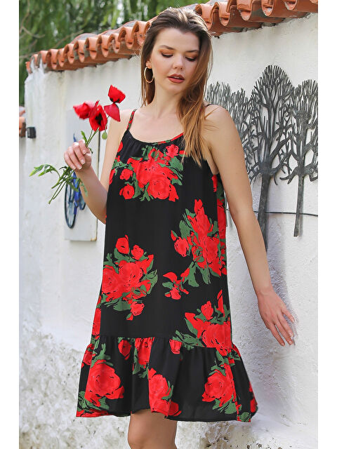 Chiccy Siyah-Kırmızı Eteği Fırfırlı Ayarlanabilir Askılı Allover Baskılı Viskon Dokuma Elbise 105 66 - S000367711-37434