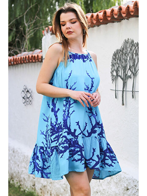 Chiccy Turkuaz Eteği Fırfırlı Ayarlanabilir Askılı Allover Baskılı Casual Viskon Dokuma Elbise 105 66 - S000367667-20055