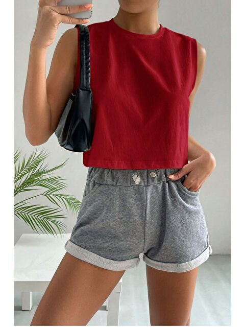 Tarz Cool Yeşil %100 Pamuk Basic Bisiklet Yaka Süprem Kolsuz T-shirt