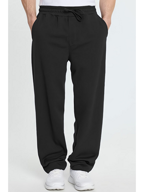 TUDORS Erkek Siyah Pamuklu Baggy Fit Rahat Kesim Beli Bağcıklı Yan Cepli Örme Eşofman Altı - S000518930-19351