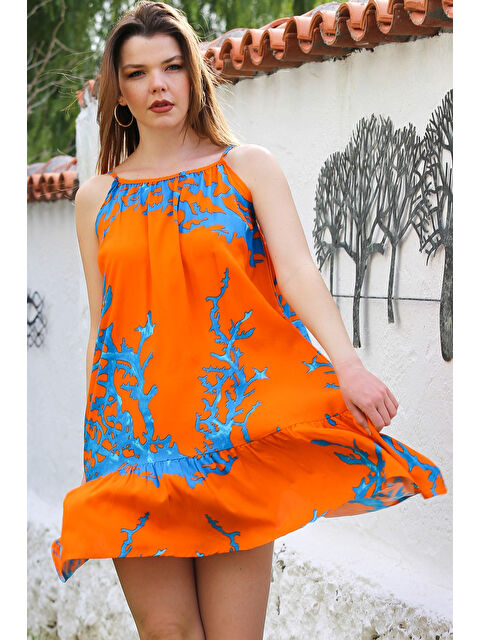 Chiccy Turuncu Eteği Fırfırlı Ayarlanabilir Askılı Allover Baskılı Casual Viskon Dokuma Elbise 105 66 - S000367667-20013