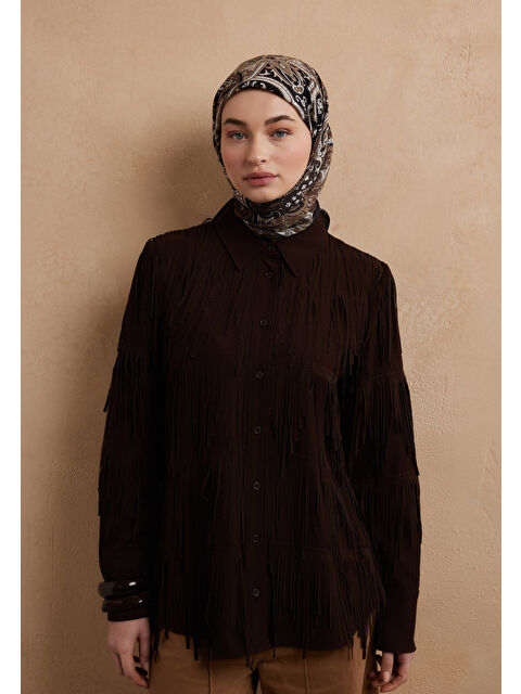 Fresh Scarfs Etnıc Floral Desen Pamuk İpek Eşarp Kahve - S000423216-28102