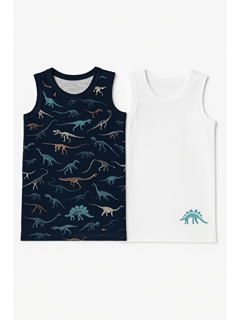 Katia And Bony Erkek Çocuk Dinozor Desenli 2'Li Paket Atlet Beyaz/Lacivert