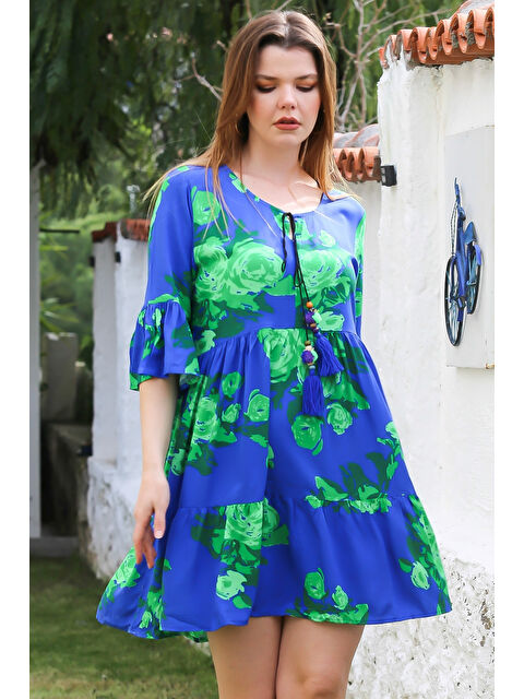 Chiccy Mavi Havuz Yaka Fırfırlı Kol Bağlamalı Eteği Fırfırlı Püsküllü Casual Viskon Dokuma Elbise 95 52 - S000367665-17234