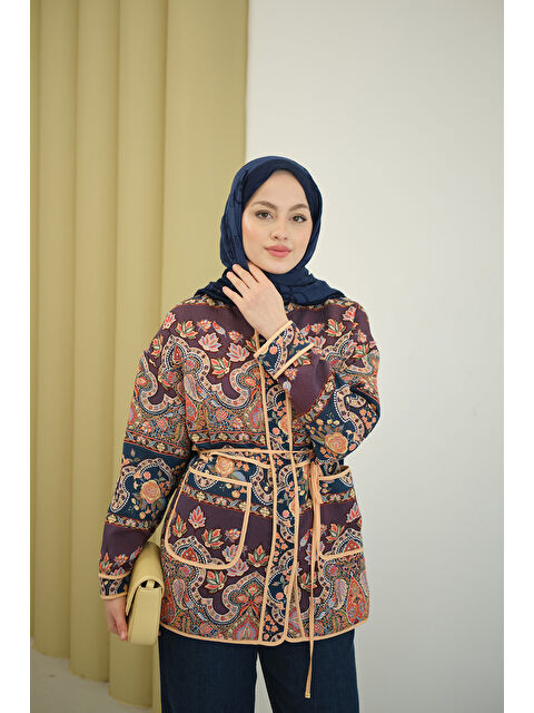 Locco Moda Kadın Etnik Desen Biyeli Ceket Mürdüm - S000492527-20036