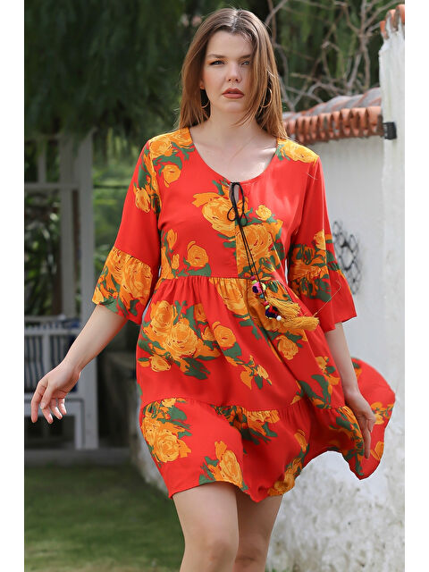 Chiccy Turuncu Havuz Yaka Fırfırlı Kol Bağlamalı Eteği Fırfırlı Püsküllü Casual Viskon Dokuma Elbise 95 52 - S000367665-20013