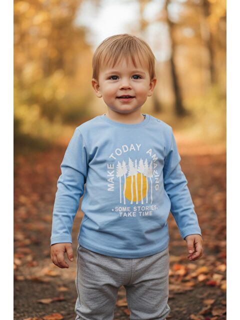 Luess Erkek Çocuk %100 Pamuk Baskılı Uzun Kollu Tişört -  Açık Mavi (3-4 Yaş 8-9 Yaş) - S000515046-17234