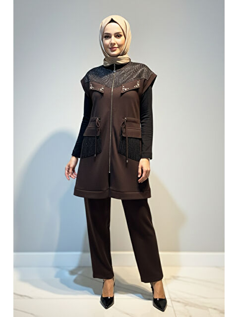 Remsa Kadın Yelek Pantolon Jakar Detay Takım 7303 Kahverengi - S000485979-19413