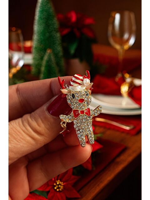 New Obsessions Yılbaşı Taşlı İnci Detaylı Tatlı Geyik Broş Yaka İğnesi - S000482477-20076