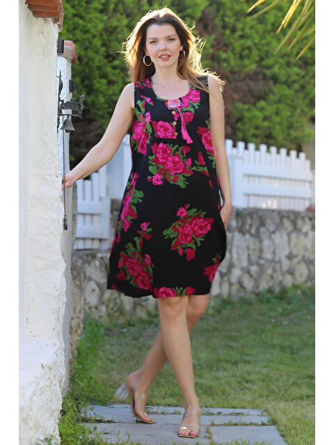 Chiccy Siyah Havuz Yaka Kolsuz Bağlamalı Püsküllü Allover Baskılı Casual Viskon Dokuma Elbise 100 60 - S000367712-19351