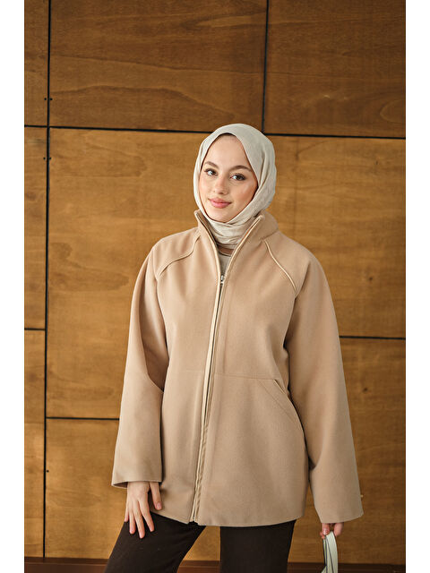 Locco Moda Kadın Gizli Fermuar Detay Deri Şeritli Ceket Vizon - S000492550-26429