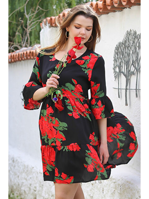 Chiccy Siyah-Kırmızı Havuz Yaka Fırfırlı Kol Bağlamalı Eteği Fırfırlı Püsküllü Viskon Dokuma Elbise 95 52 - S000367665-37434