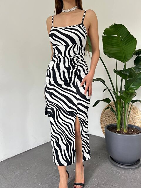 Jane's Kadın Zebra Baskılı Omuz Askılı Sırt Dekolteli Yırtmaç Detay Elbise - S000527643-20063