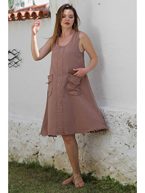 Chiccy Açık Kahve Havuz Yaka Kolsuz Düğmeli Cepli Yıkamalı Pis Dikişli Casual Dokuma Elbise 105 55 - S000367714-29705