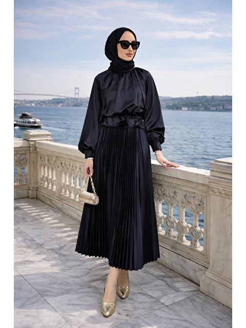 Comstar Kadın Premium Pileli Siyah Uzun Tesettür Etek