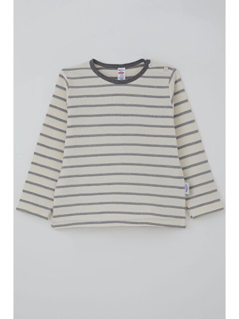 Breeze Erkek Bebek Uzun Kollu Tişört Patlı Minimal Çizgili Ekru (9 Ay-3 Yaş)
