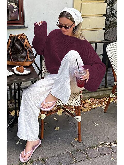 Madmext Bordo Balon Kol Rahat Kesim Kadın Triko Kazak Mg2602 - S000478462-19951