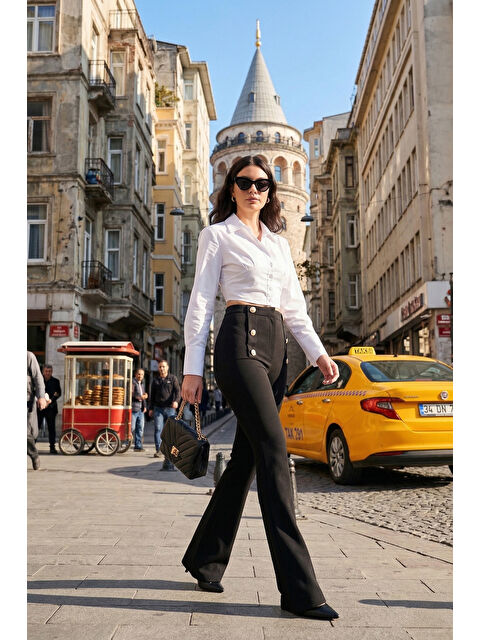Lela Yüksek Bel İspanyol Paça Düğme Detaylı Pantolon 6522068