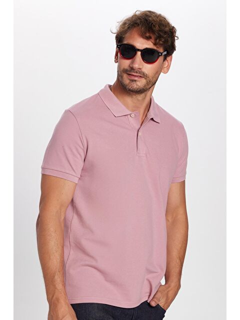 TUDORS Erkek Slim Fit Dar Kesim %100 Pamuk Gül Kurusu Polo Yaka Tişört