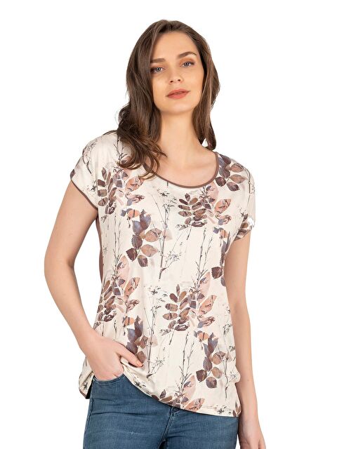 Kompedan Kadın Doğal Tonlu Floral Desenli Kısa Kol Bluz | Kahverengi 26547