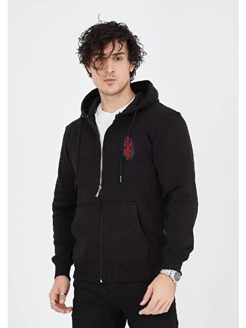 Jane's Unisex Baskılı Tam Fermuarlı Kapüşonlu SweatShirt - Siyah