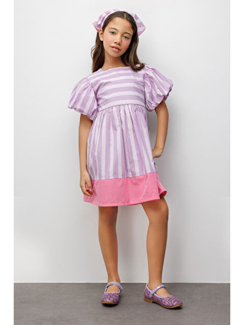 Le Mabelle Lila Çizgili Kız Çocuk Poplin Elbise - Juno - S000513314-17878