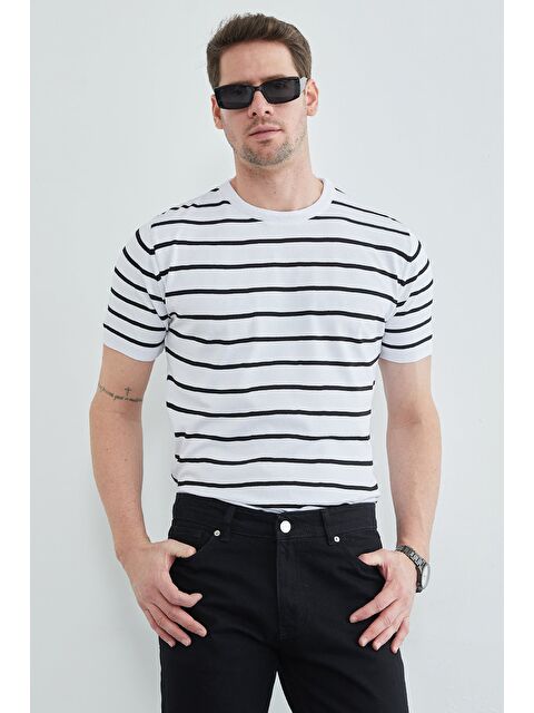 Fullamoda Çizgili Bisiklet Yaka Triko Tişört - S000516460-20063