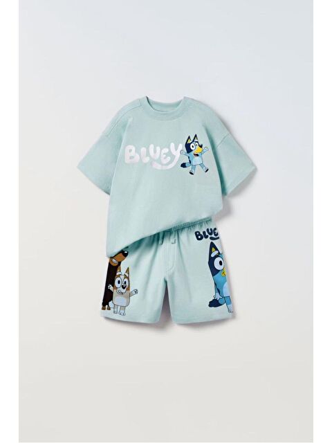 Magu Unisex Mavi Çocuk Bluey Baskılı Pamuklu Sweatshirt Şort Alt-Üst Takım - S000522648-23173