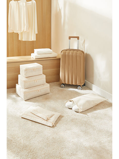 Ocean Home Textile 6'lı Yıkanabilir Bej Dama Desen Pamuklu Bavul İçi Düzenleyici Set - S000439626-19928