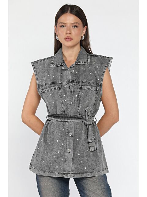 Gülseli Kadın Zımba Detaylı Bel Kuşaklı Çift Cepli Jean Yelek - S000445299-29666