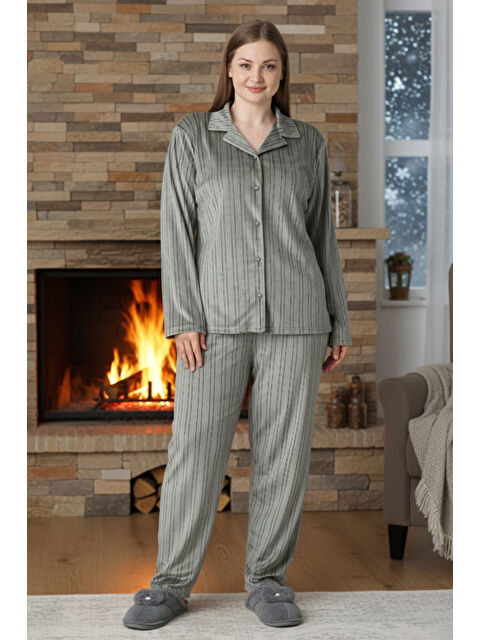 Remsa Kadın Önü Düğmeli Kadife Pijama Takımı 25374 Haki - S000494450-18547