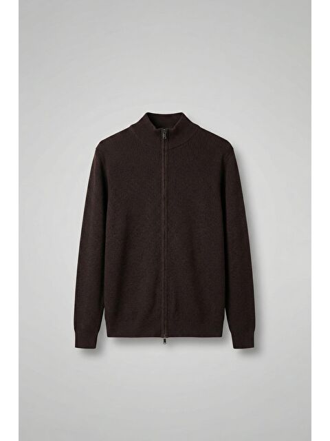 Abluka Online Erkek Slim Fit Fermuarlı Dik Yaka Fitilli Triko Hırka Kahverengi - S000516664-19413